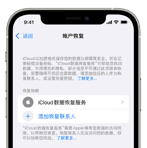 金湖苹果手机维修分享在 iPhone 上设置帐户恢复联系人的方法 