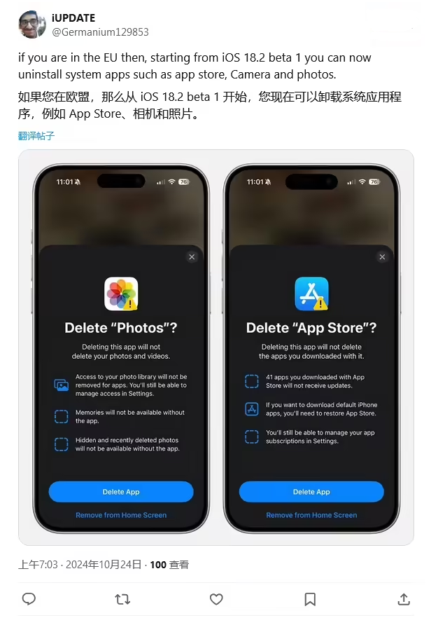 金湖苹果手机维修分享iOS 18.2 支持删除 App Store 应用商店 