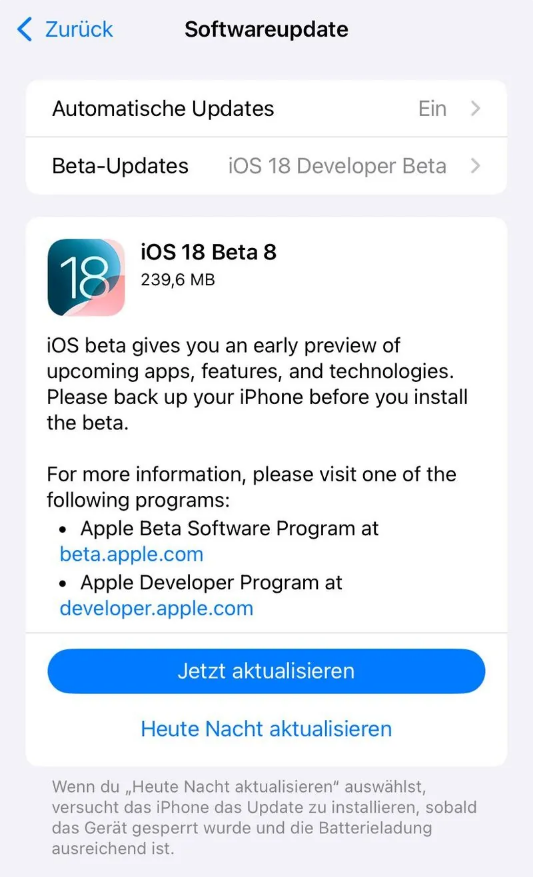 金湖苹果手机维修分享苹果 iOS / iPadOS 18 开发者预览版 Beta 8 发布 